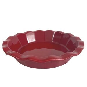 Emile Henry France Red Ceramic 10" Ruffled Scalloped Deep Pie Baking Dish